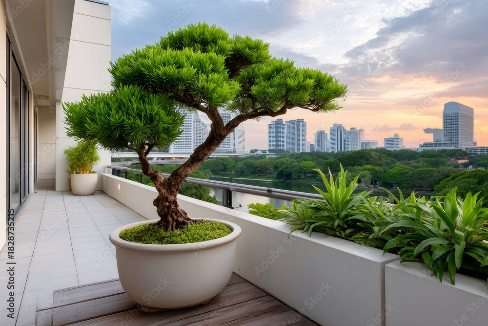 Obraz premium Bonsai tree on modern balcony overlooking urban lake at sunset