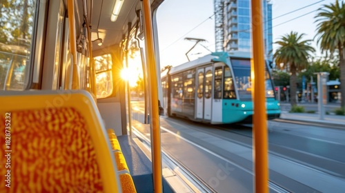 View from inside a modern city tram during golden hour reflecting modern urban transit