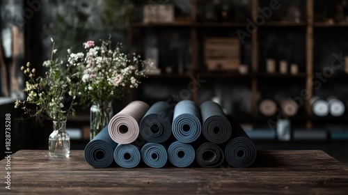 Serene yoga studio setting showcasing a stack of rolled mats with rustic interior elements