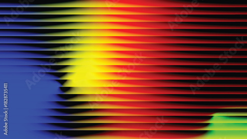 dark gradient background and vivid orange, blue, and lilac light streaks. Futuristic distortion, moody abstract glow, reeded vertical blur. Vector illustration