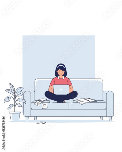 A young woman sitting cross-legged on a light blue sofa, working on a laptop, with papers and a plant nearby, illustrating remote work or study.