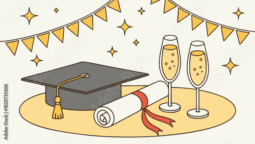Graduation celebration illustration with a mortarboard, rolled diploma, two champagne flutes, festive bunting, and sparkling stars.