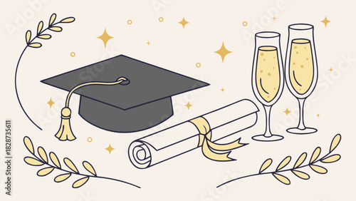 Graduation celebration illustration featuring academic cap, rolled diploma, and champagne glasses, symbolizing educational achievement, success, and future accomplishments.