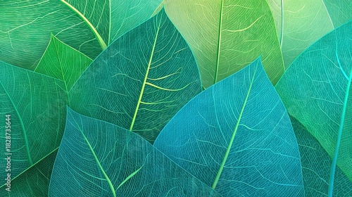 Detailed turquoise leaf collage background with fine vein network on teal gradient