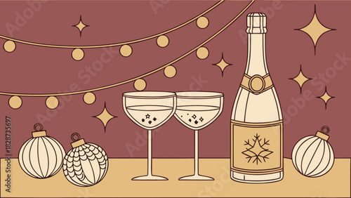 A festive, retro-style illustration capturing the essence of new year's eve or christmas celebration with champagne, glasses, and sparkling holiday decorations.