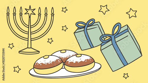Hanukkah festival celebration elements doodle art illustration featuring traditional menorah, sweet sufganiyot, and festive gift boxes with scattered stars