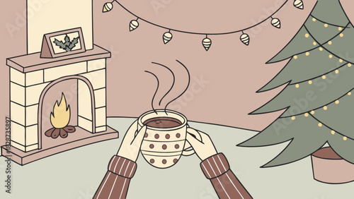 Cozy winter evening: hands holding a steaming hot beverage by a warm fireplace with a festive christmas tree adorned with lights, creating a serene holiday vibe.