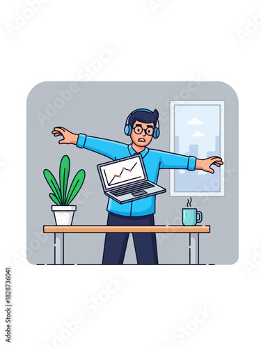 A surprised man wearing headphones tries to balance a floating laptop displaying a graph, in an office environment.