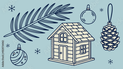 Winter holiday scene: cozy house, pine branch, decorative christmas baubles, natural pine cone, and scattered snowflakes in a delightful, charming illustration.