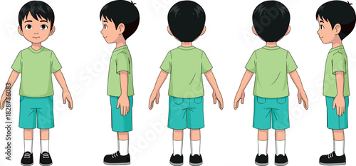 Cute cartoon boy character turnaround sheet showing five orthographic views: front, side, three-quarter, and back view, perfect for game asset creation and animation vector.