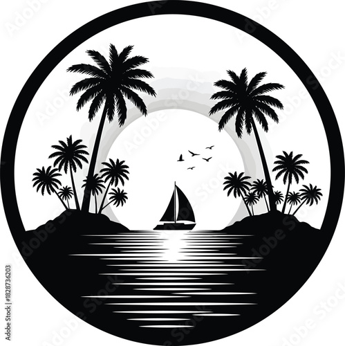 Black and white tropical island sailboat sunset scene vector graphic eps silhouette