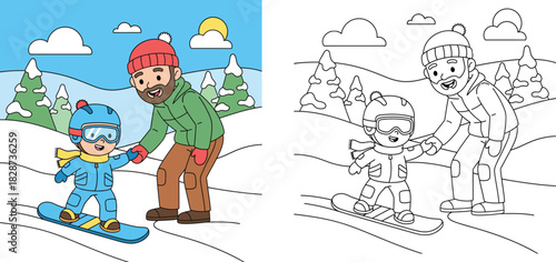 Cartoon coloring book page of a happy father teaching his son how to snowboard on a snowy mountain with a colored example vector illustration.