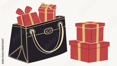 Stylized illustration of a black shopping bag brimming with red gift boxes tied with golden ribbons, with stacked presents, symbolizing holidays, shopping, and gifting.