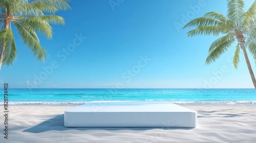 A serene setting features a luxury bed on white sand surrounded by tall palm trees and a vibrant blue ocean. The sun shines brightly creating a peaceful atmosphere.
