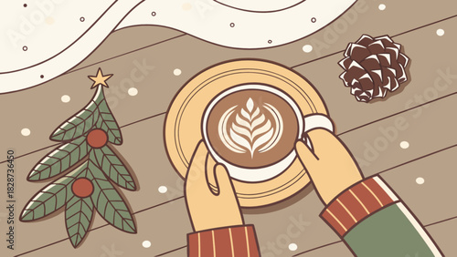 Cozy winter coffee moment with hands holding a latte cup, featuring a festive christmas tree, pinecone, and falling snow on a rustic wooden table.