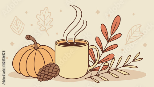 Cozy autumn illustration of a steaming hot beverage in a mug, alongside a classic orange pumpkin, a natural pinecone, and artistic fall leaves on a warm backdrop.