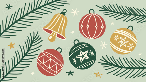 Hand-drawn christmas holiday festive doodle illustration featuring colorful ornaments, golden bell, and pine branches, creating a cozy season greeting card background art.