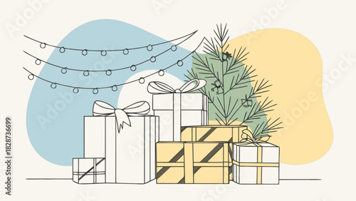 Minimalist christmas line art illustration with a festive fir tree, neatly stacked holiday presents, and delicate string lights on a soft background.