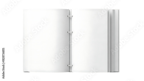 Open white binder with blank pages, isolated on transparent background