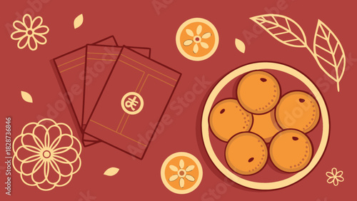 Chinese new year illustration featuring traditional red envelopes and a bowl of fresh oranges, symbolizing prosperity and good fortune. festive celebration background for lunar holidays.