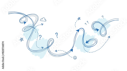 Path of Exploration: An abstract depiction of winding paths, adorned with directional arrows, question marks, stars, and cloud, symbolizing the journey of discovery, exploration.