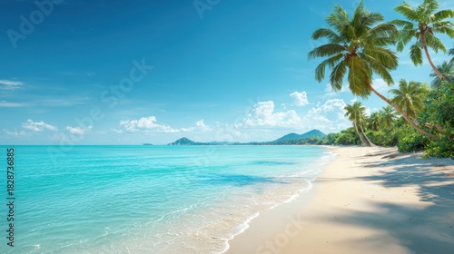 Warm sun shines on a tropical beach where soft waves lap the shore. Tall palm trees sway gently in the breeze creating a peaceful atmosphere for relaxation.