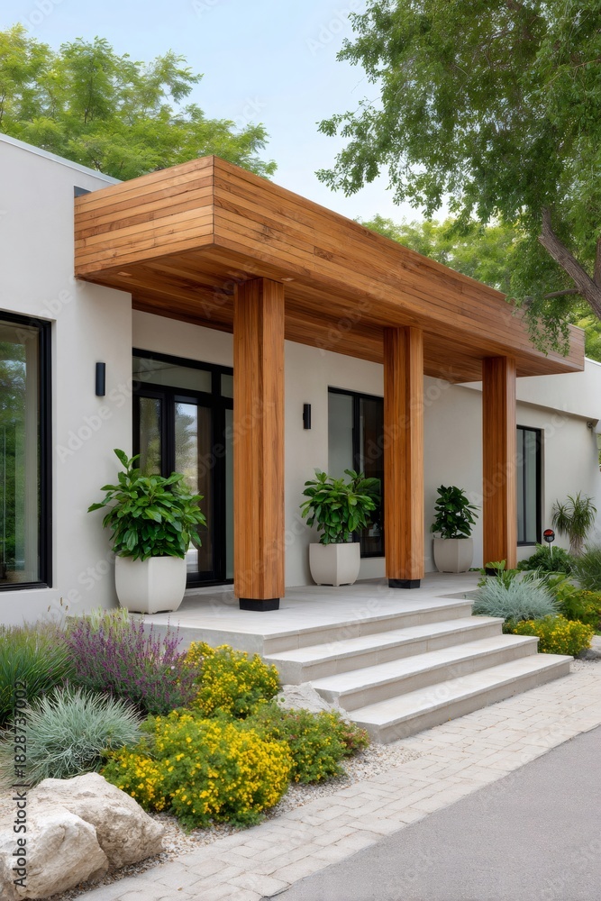 Fototapeta premium Modern house exterior with wood porch and landscaping