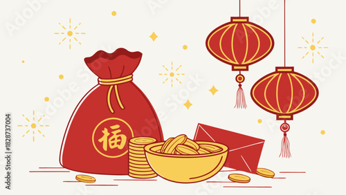 Chinese new year celebration illustration featuring traditional red lanterns, fortune bag, gold coins, and lucky red envelopes, symbolizing wealth and prosperity for holiday