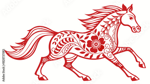 Red paper cut style horse design, galloping with intricate floral and scroll patterns, symbolizing strength, speed, and good fortune, isolated for graphic applications.