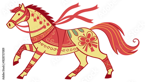 A vibrantly decorated folk art horse illustration, featuring rich red and yellow colors with intricate floral patterns, ribbons, and traditional motifs in a dynamic pose.