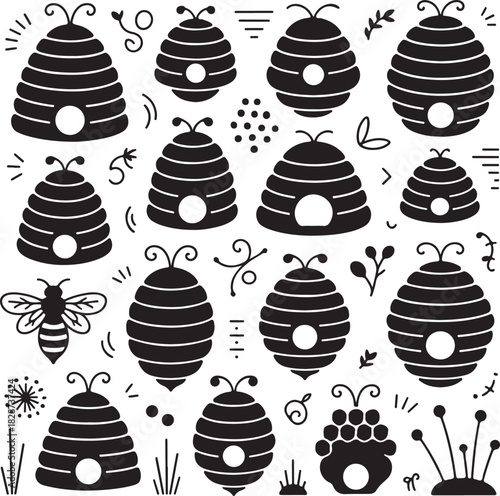Seamless Pattern with Hand Drawn Beehives and Bees Vector Illustration