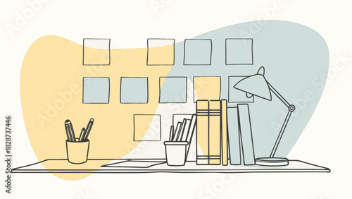 Minimalist home office desk setup illustration with essential study and work items: pens, books, and a lamp, against a creative abstract background.