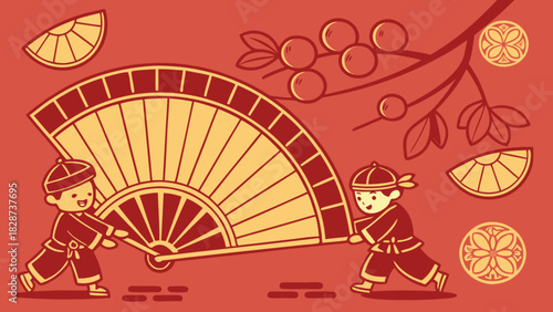 Chinese new year illustration: two joyful children in traditional attire playfully carry a large ornate fan, surrounded by auspicious fruits and patterns on red.