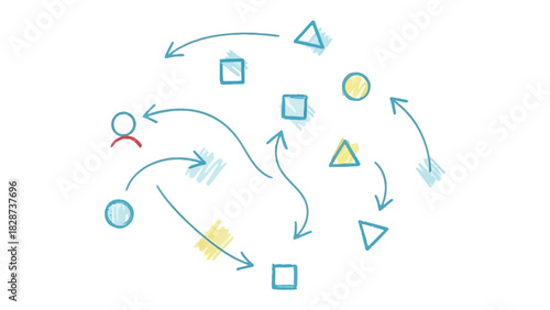 Navigating the Labyrinth: A conceptual illustration depicting a person’s journey through a complex, ever-changing environment, signified by a maze of arrows and diverse geometric forms.