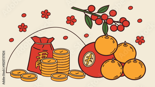 Traditional chinese new year festive elements illustration with prosperity symbols, gold coins, lucky oranges, red money bag, and auspicious berries for fortune
