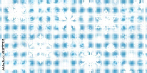 Dotted halftone snowflake background, winter snow season retro grunge texture vintage magazine style. Monochrome collage element for mixed media design Christmas new year decoration pop art. Vector