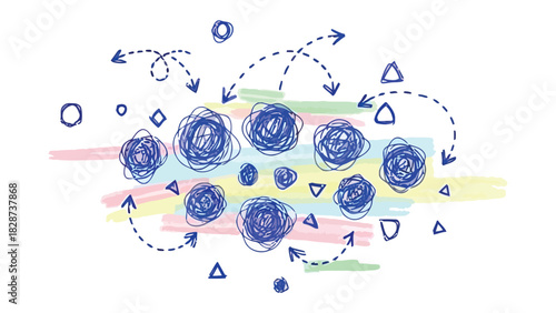 Abstract of Complexity: A colorful scribble of shapes and arrows suggests a network of ideas and concepts, creating a visual metaphor for the intricacies of thought and creativity.