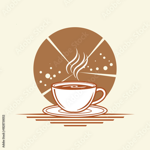Minimalist graphic illustration featuring a steaming cup of coffee or tea on a saucer, set against an abstract brown circular design, ideal for beveragerelated branding and decor