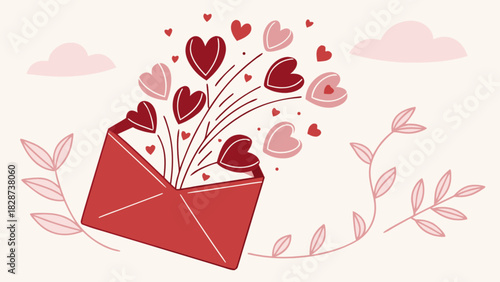 Romantic red envelope illustration with hearts bursting out, symbolizing love, affection, and heartfelt messages. perfect for valentine's day or anniversaries.