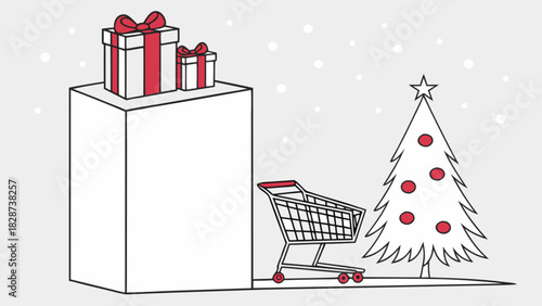Christmas shopping scene with elegant red gift boxes, shopping cart, festive decorated christmas tree and falling snow, for holiday sales and seasonal promo.