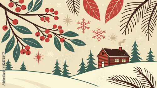 Cozy winter cabin illustration, snowy landscape with pine trees, festive holly berries, and snowflakes. evokes warmth, holiday spirit, and seasonal charm.