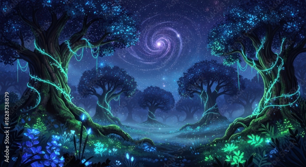 Naklejka premium Mystical Bioluminescent Forest Under a Star-Filled Purple Sky and Celestial Spiral