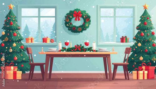 Holiday Dining Room Scene Flat Vector Illustration