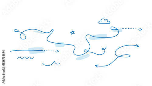 Navigating Paths: A collection of blue line hand-drawn elements depicting routes, directions, and journeys, creating a sense of exploration, movement, and the winding roads of progress. 