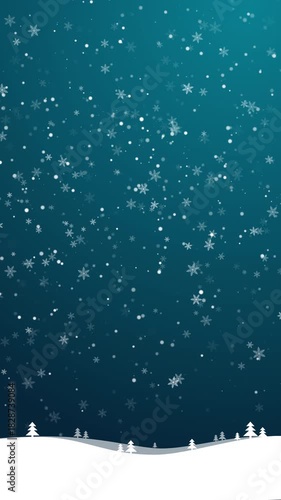 White trees on snow-covered ground with dark teal sky and falling snowflakes. Peaceful winter festive scene. Loop animation. Vertical video.