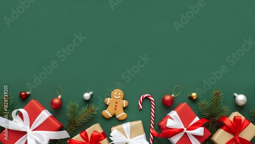 Christmas gifts and decorations on green background flatlay