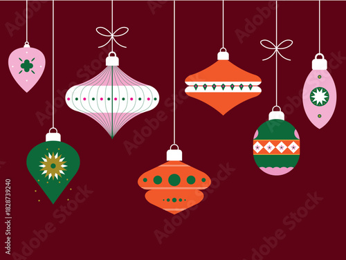 Modern Minimalist Merry Christmas Greeting Card with Geometric Colorful Ornament Balls Trendy Holiday Vector Illustration