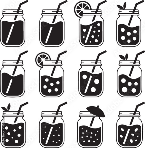 Set of refreshing drinks in mason jars vector illustration design