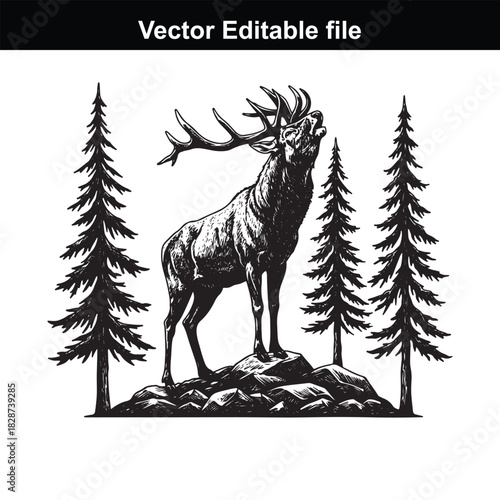 Majestic stag standing proudly on a rocky outcrop in a forest, detailed illustration