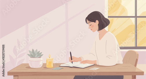 Calm morning writing session in warm sunlit workspace. Peaceful creative moment as a woman writes by the window. Cozy daylight scene with woman journaling at her desk